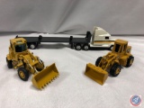 Die cast cars: ERTL caterpillar tractor trailer white black yellow, ERTL cat 950F yellow, JOAL