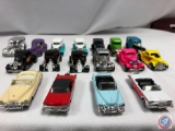 (17) Die cast cars: HOT WHEELS black 32? street rod w/fire no hood, HOT WHEEL 36? Ford coupe yellow