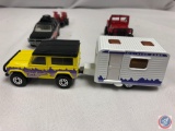 (5) MATCHBOX Jeep red 4x4 chopped top 1981, MATCHBOX camper white purple caravan 2000, MATCHBOX Land