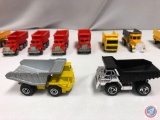 (13)Die cast cars: HOT WHEELS red peterbuilt dump truck, NEWRAY semi yellow trailer CT construction,