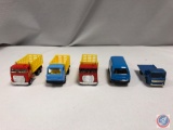 (5)Die cast cars: (2)HOT WHEELS red rapid delivery truck, MAISTO powder blue and yellow stake truck,
