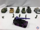 (20) Die cast cars: HOT WHEELS night force tank 1974 purple black camo, MAJORETTE green and tan camo