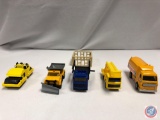 (5)Die cast cars: MATCHBOX blue MB builders Volvo w/ wood fencing, NEWRAY yellow ct construction