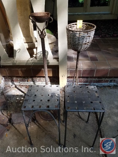 (2) steel woven plant stands, (2) metal plant stands