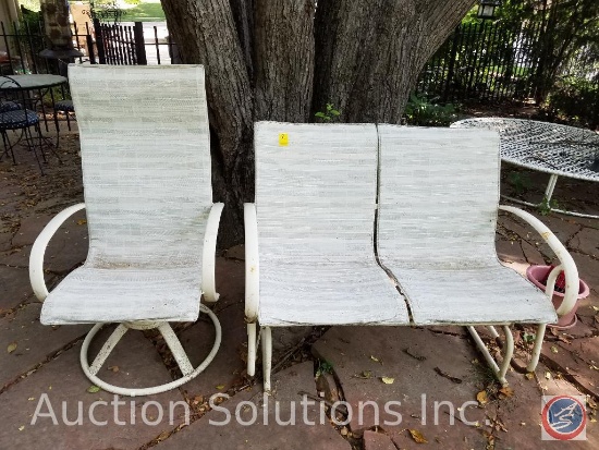 Mauve/white swivel rocker with matching 2 seat glider outdoor patio furniture (some weathering)