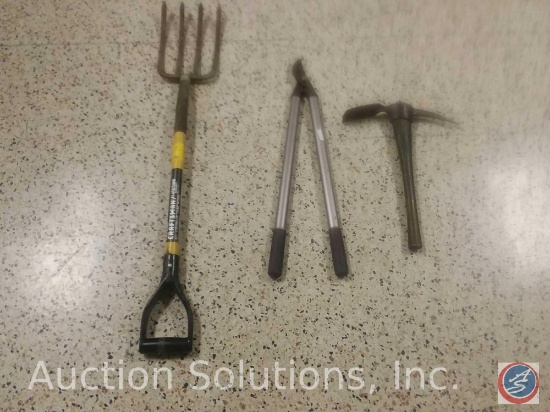 [3] Lawn Tools: Craftsman Fiberglass Pitch Fork, Hedge Loppers, Pick Axe