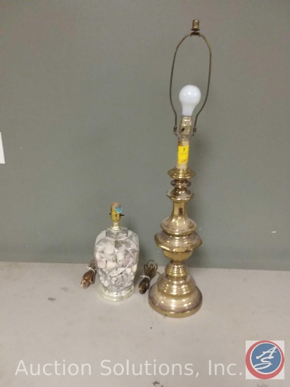 [2] Table Lamps w/ NO Shades: One Brass; and One w/ Decorative Glass Base Filled w/ Sea Shells