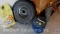 Water Softener Salt, Armstrong 14'' Trailer Tire and Rim (5-lug), Vintage Eagle Kerosene Can, and