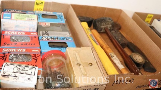 9 Boxes Misc. Screws, Ball Pin Hammer, 2 1/2lb Hammer, Rubber Mallet, Hatchet, and Small Hammer