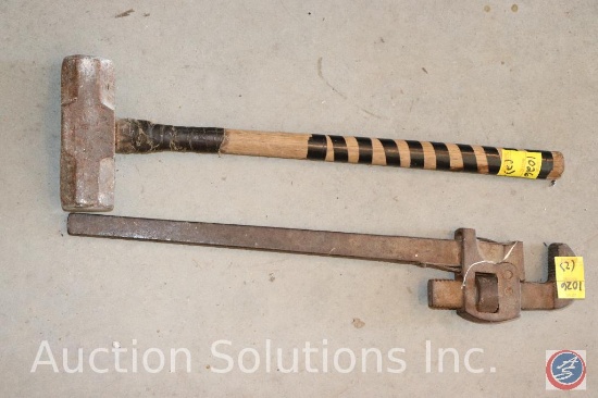 Sledge Hammer and Vintage Large Pipe Wrench