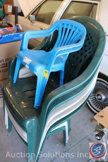 [6] Green and Beige Molded Plastic Lawn Chairs+ [2] Small Blue Child Size; and [4] Table/Foot Rest