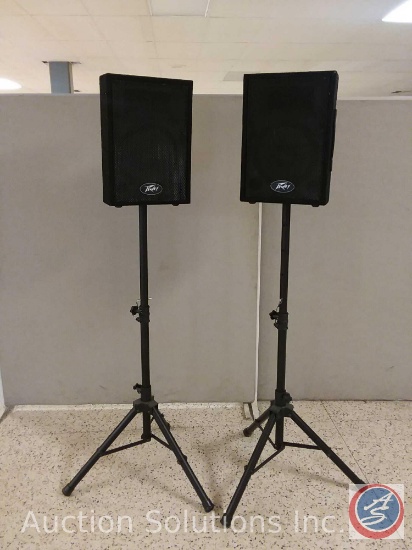 Set of Peavey PA speakers (PVI10 2-way speaker system) with stands (cords sold separately) {{WORKS}}