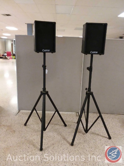 Set of Carvin PA speakers (model #810) with stands (cords sold separately) {{WORKS}} {SOLD 2x THE