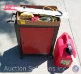 Test-Rite Rolling Metal Cabinet; Zero-Start Dip Stick Heater; Gas Can; Tie-Down Straps; Bungee Cords