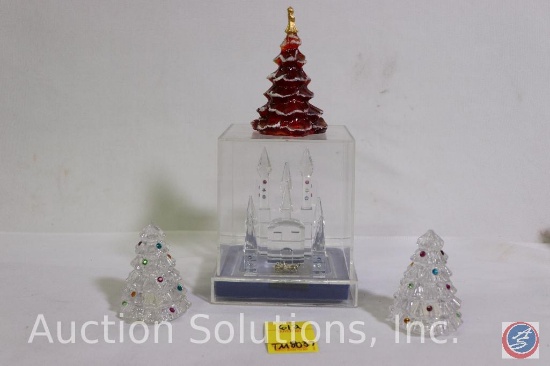 Set of 2 Lenox Full Lead Crystal Christmas trees, one red Christmas tree, and Crystal Castle