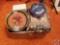 Box of assorted sewing supplies including; thread, wool winder, wool spools, beads and more