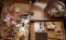 (2) flats containing an assortment of buttons, stampers and a tin of pins