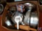 Box containing; rolling pin, assorted pots and pans, baking pans, colanders, bagel slicer and more