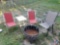 Metal fire pit with grill and lid, (3) folding lawn chairs, plastic folding lawn table
