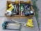 (2) boxes containing assorted lawn hand tools, sprinklers, rubber gloves, pry bar, flashlight/tool