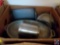 Box containing; roasting pan, colander, coffee pot and more