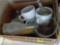 Box containing; (4) matching soup mugs with handles, corn cob holders trays, lantern chimney