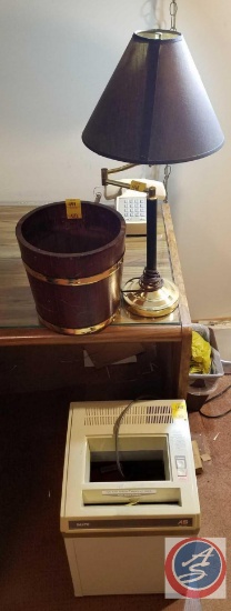Small wood barrel trash can, desk lamp with extension arm, Sanyo shredder (AS SBS-520)