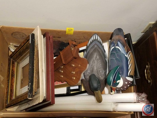 Box containing assorted home decor including; assorted picture frames, (2) wood ducks, (2) wood wall