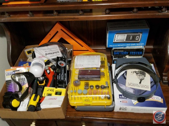 Contents of shelf to include; (2) welders glasses, (2) Micronta battery testers, Micronta field