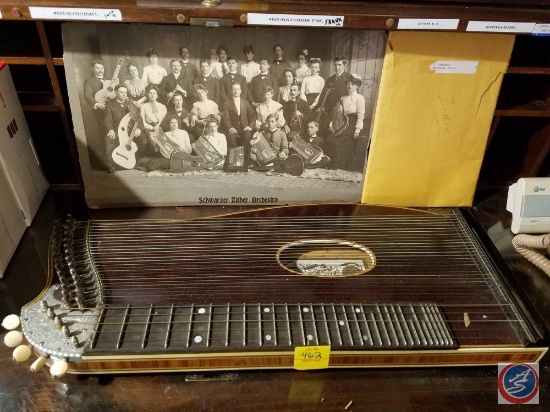 Vintage Franz Schwarzer Zither Stringed Musical Instrument with antique photo of Schwarzer Zither