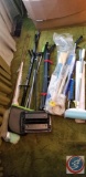 Assorted cleaning tools including; carpet sweeper, broom/dust pan, reachers, lint brushes and more