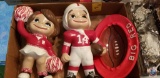 Ceramic hand painted Husker football player and cheerleader, hand painted Husker bowl