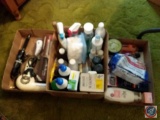 (3) boxes containing; blow dryer, breathe right strips, epsom salt, (2) curling irons, assorted used