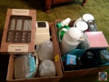 (2) boxes containing; pitchers, outdoor window cleaner, water bottles, hamburger press, Porter House