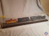 Locomotive #8444 with coal car and Union Pacific model train caboose #25436 in plastic and wooden