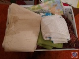 (3) boxes containing curtains, comforter, table cloth, kitchen towels, bath towels, handmade afghan