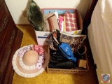 (2) boxes containing purses, wallets, mittens, earmuffs, fanny pack, home decor, decorative throw