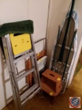 Ironing board, step stool, Werner 4' ladder (model #364), (2) small wood step stools, small wood