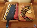 (2) flats containing assorted mens bolos and ties, Cremrine monogram belt buckle
