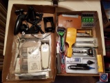 (2) flats containing Wahl haircutting set in plastic case, Norelco electric shaver, assorted razors,