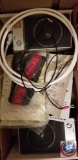 (2) boxes containing Aiwa speakers, cable equipment, (2) cordless telephones