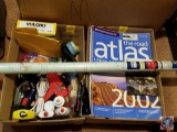 (2) boxes containing; assorted maps and road atlas's, World map (50x38), (2) glue guns and glue