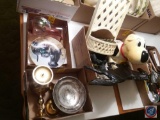 (3) boxes containing; decorative lab plate, vase, plastic horse wall hanging, dog treat jar, dog can