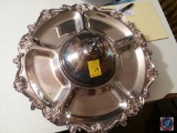 Large silver serving tray with divided compartments and cover for the center