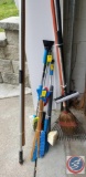 Assortment of car wash tools including; hose brushes, adjustable long handled brush, windshield
