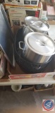 Box containing (2) speckle roasters, (2) stainless steel cooking pots, sheet pan