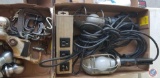 (2) flats containing (2) drop lights, power strip, (3) ball hitches and assorted clamps
