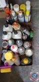 (3) boxes containing assorted lubricants, carburetor cleaner, starting fluid, oil, Off bug spray,