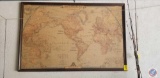 Framed National Geographic Society World Map, metal 2 tier wall shelf, framed map of Maple Village