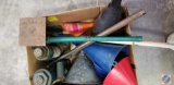 Box containing assorted funnels and (2) 3 ton hydraulic jacks